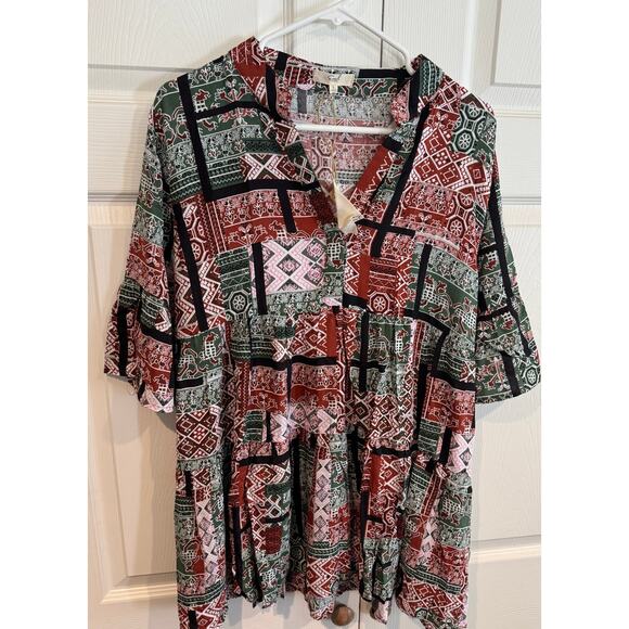 New Easel Boho Indie Peasant Cottagecore Printed Babydoll Top Blouse - Picture 2 of 5